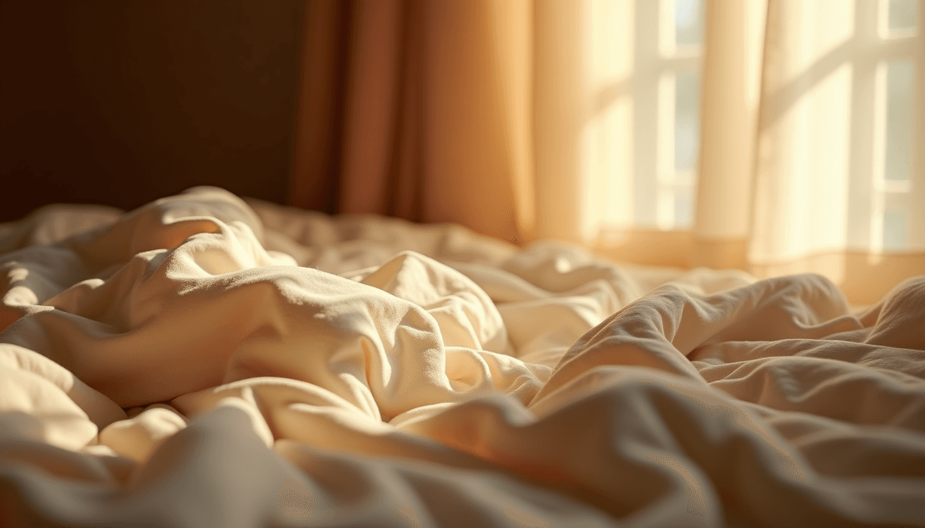 Soft rumpled cotton bedsheets in warm morning window light with deep shadow, a tasteful intimate-wellness mood, no people