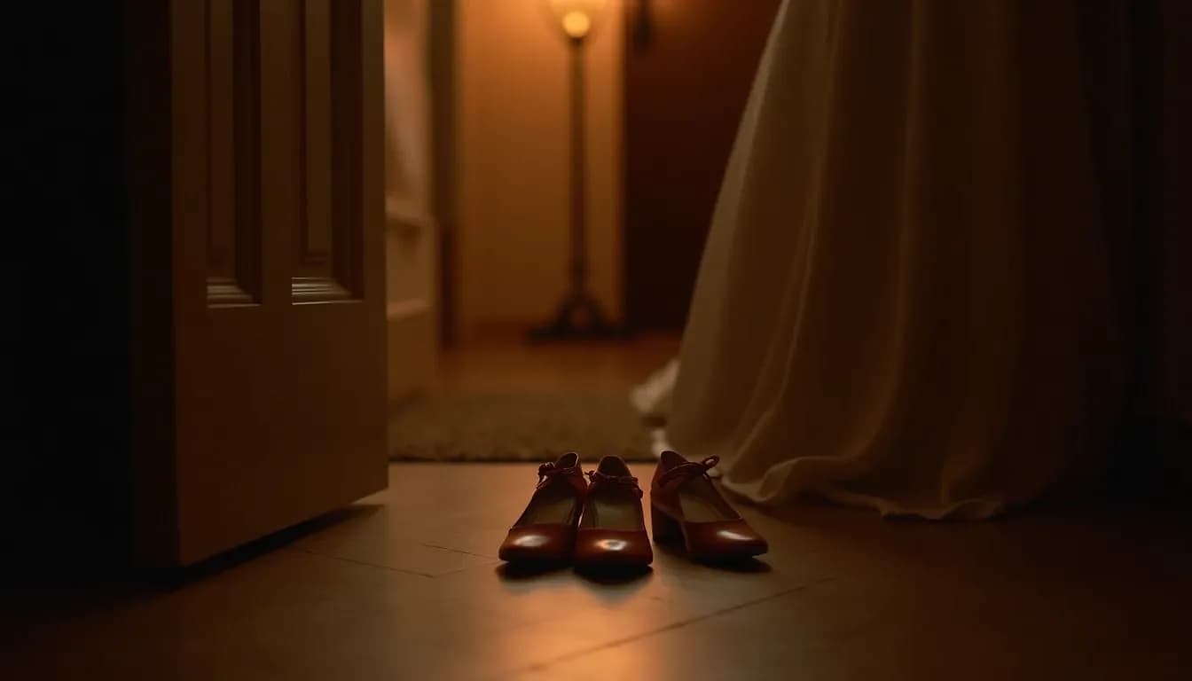 Two pairs of wedding shoes by a hotel door, the quiet before honeymoon night nerves settle