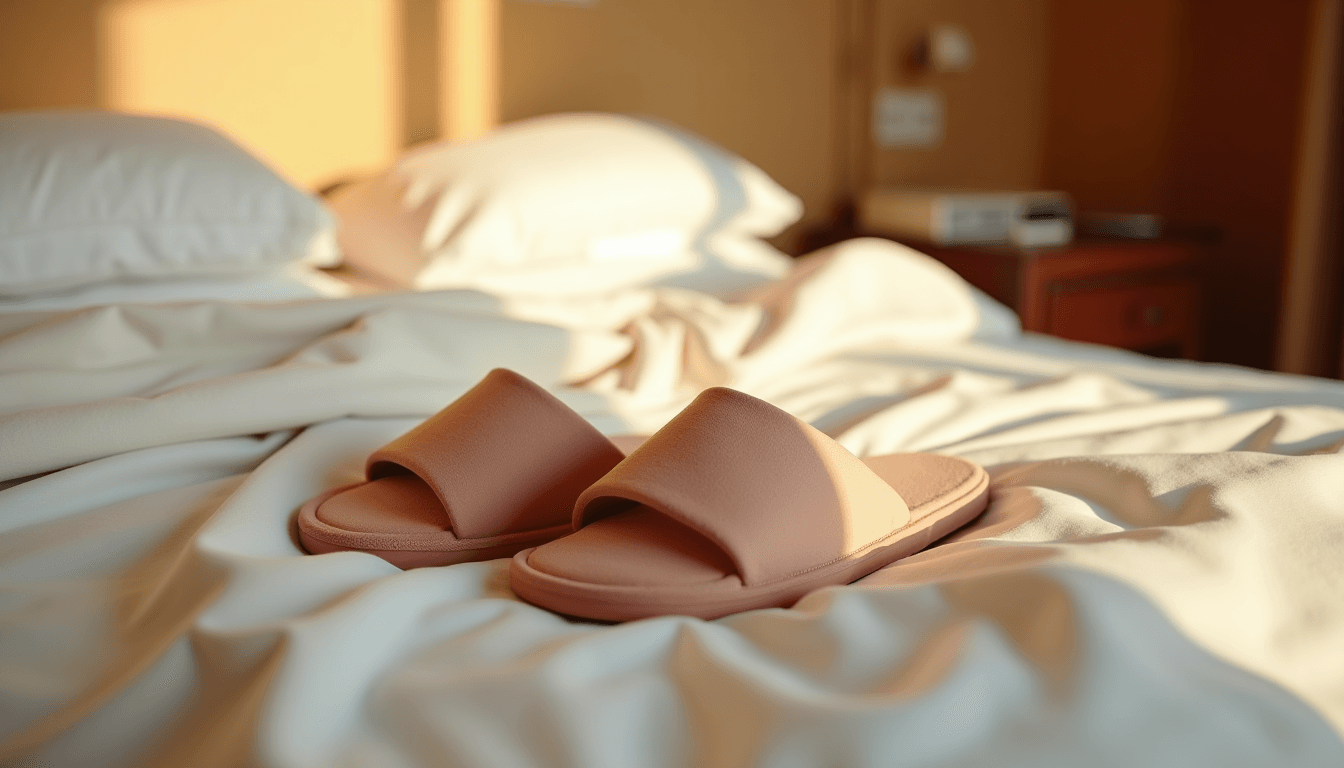 Two pairs of slippers by a hotel bed with rumpled white sheets and warm morning light, honeymoon sex india, no figures