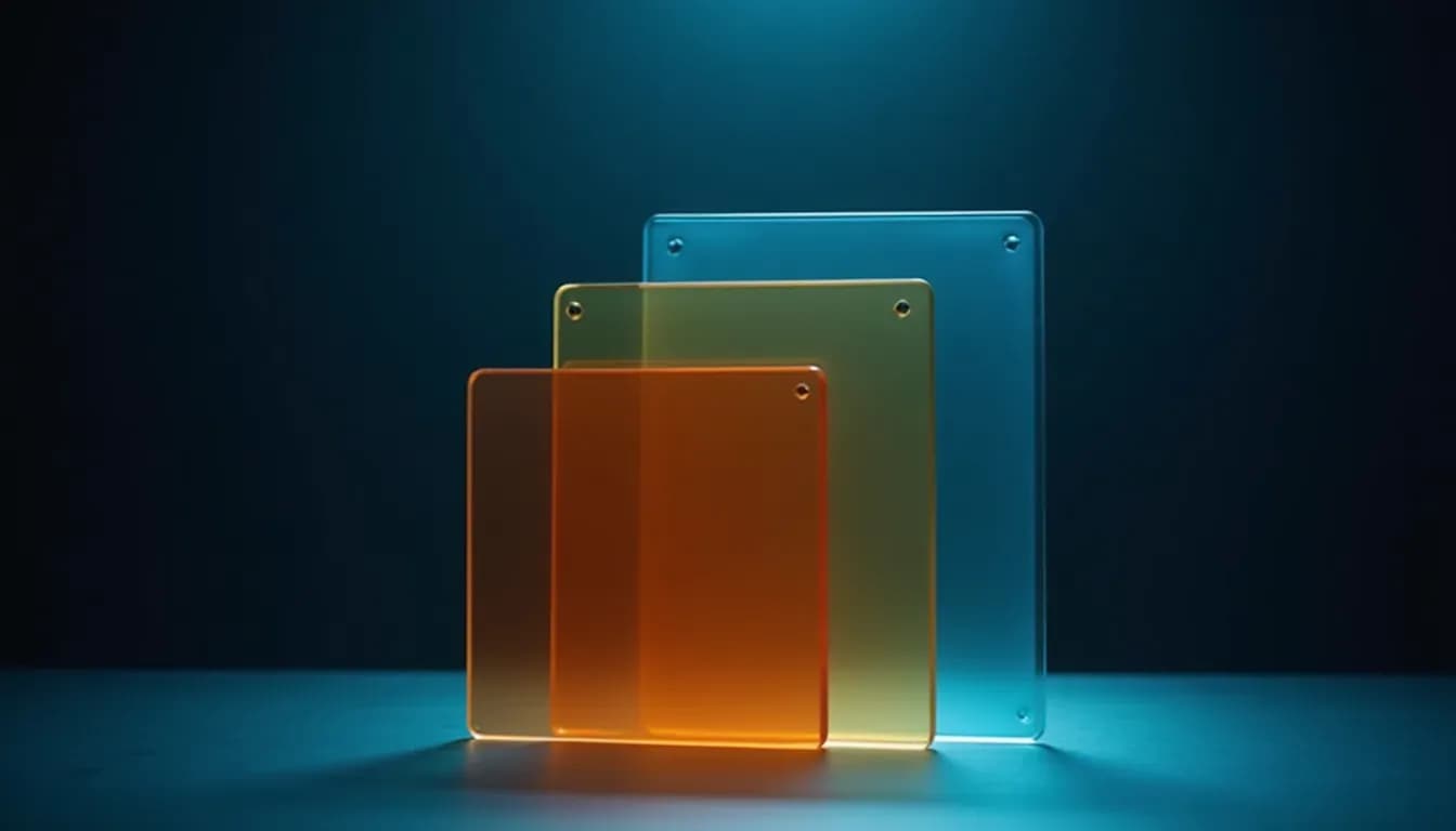 A still life of overlapping translucent glass panels on a dark surface lit by cool blue light, symbolic of layered memory, no figures or text, editorial composition for how ai companion remembers you