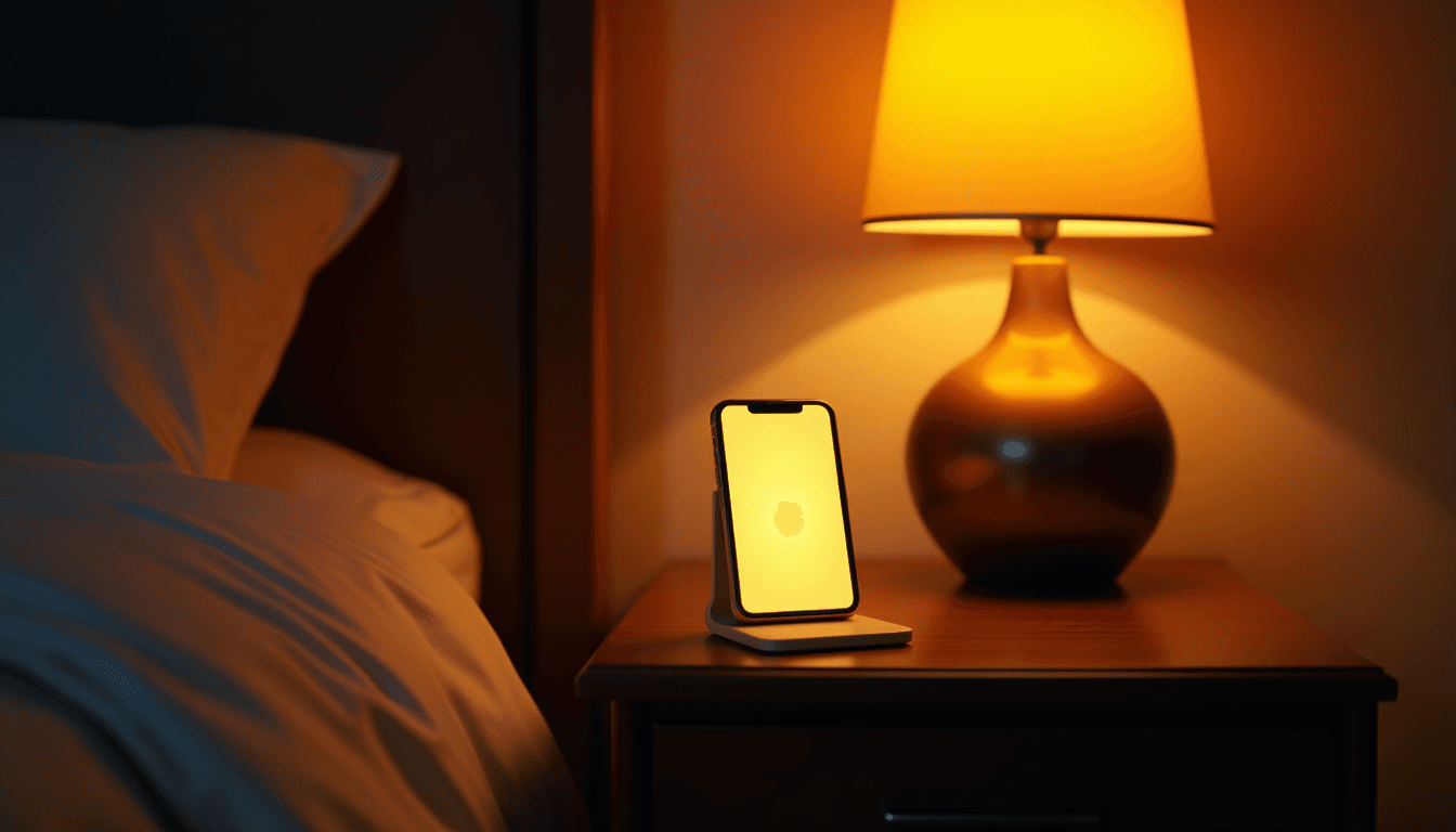 A phone glowing on a dark bedside table next to a warm lamp, representing the science of ai emotion detection