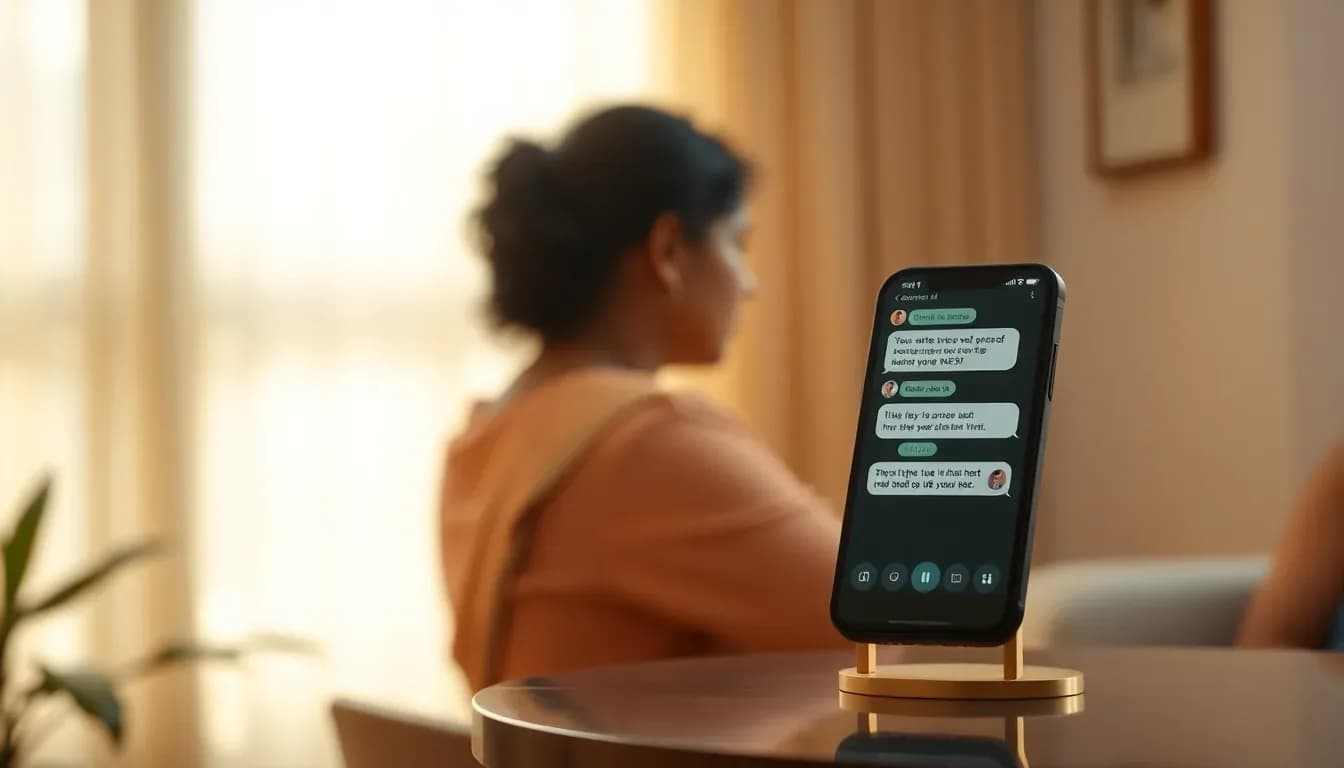 A phone glowing on a desk late at night beside a cooling cup of chai, warm lamp light