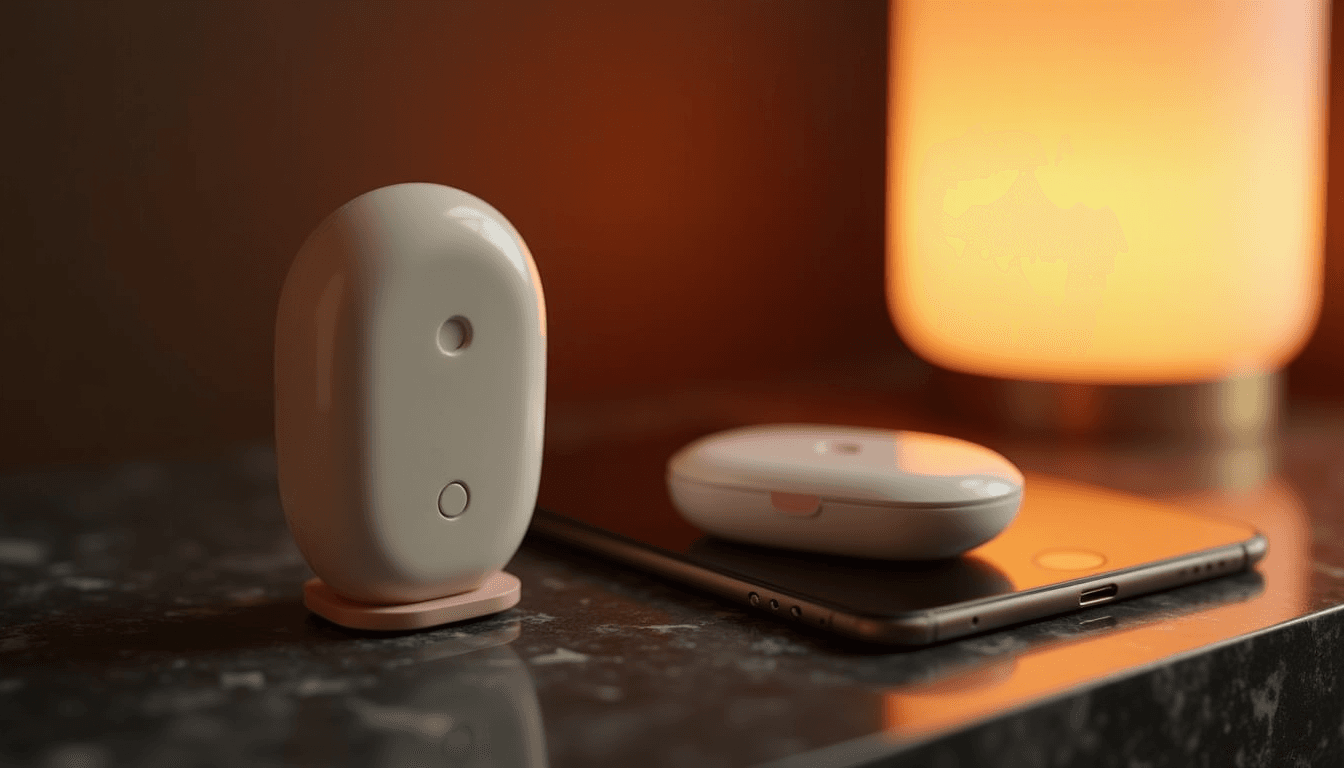 A smart intimate wellness device and a phone side by side on a dark marble surface, connected by warm lamp light, symbolising how devices know what to do during an AI conversation