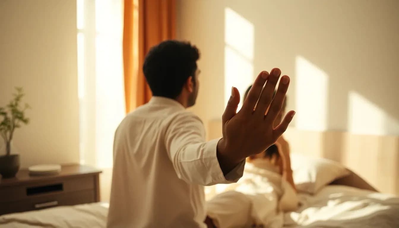 A phone on a bedside table at night, screen glowing softly, a couple texting in Hinglish