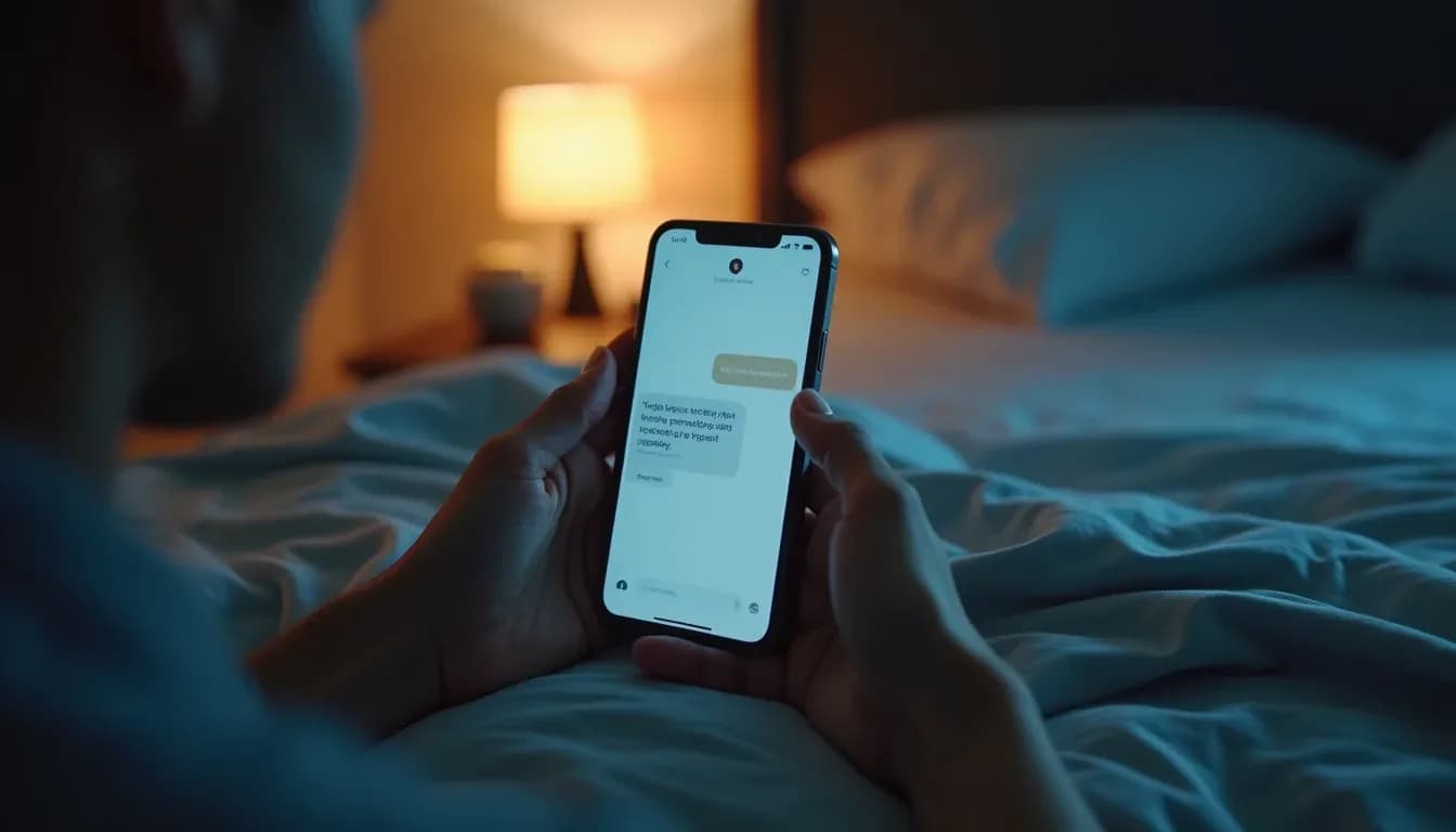 A phone on a bedside table lit by its own screen showing an AI companion chat, warm lamp light, how to talk to ai companion