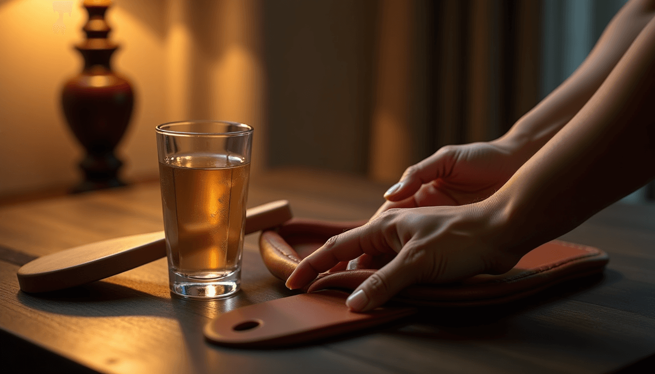 A folded leather paddle and a glass of water on a dark wooden table in warm lamp light, illustrating safe impact play and spanking