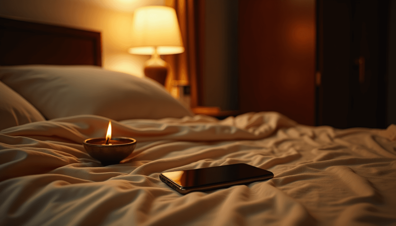 Soft warm bedside scene with a phone face-down — kink shame india