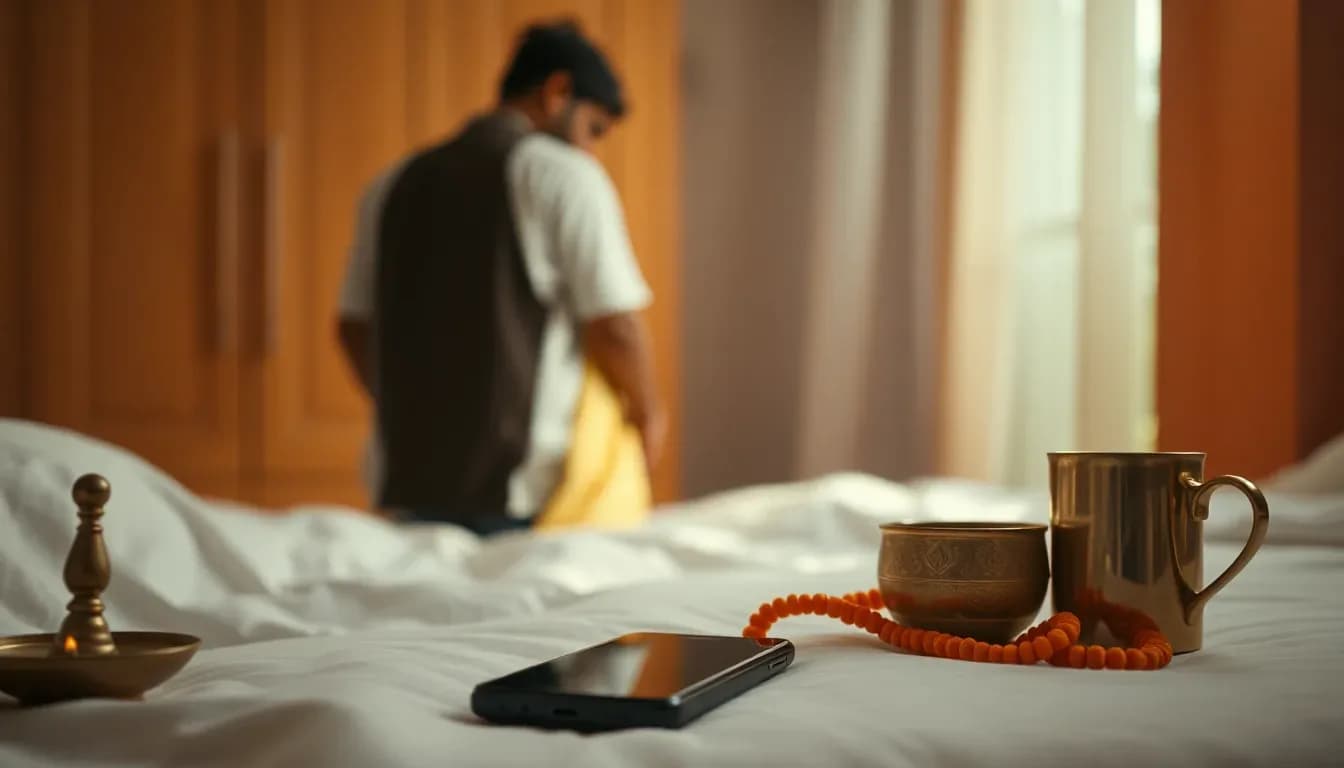 A jasmine garland and a folded silk saree resting on a bed in warm evening light