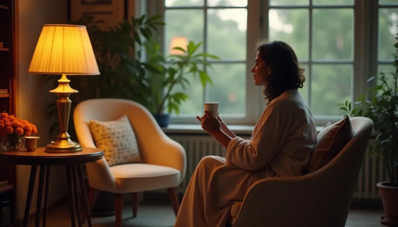 A calm consultation room with two chairs, a brass lamp and a plant by a window, kink friendly therapist india, warm editorial still
