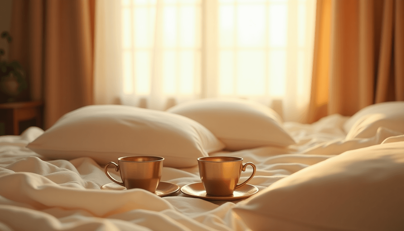 Two pillows and two cups on a sunlit bed, a newlywed couple's first home, soft morning light
