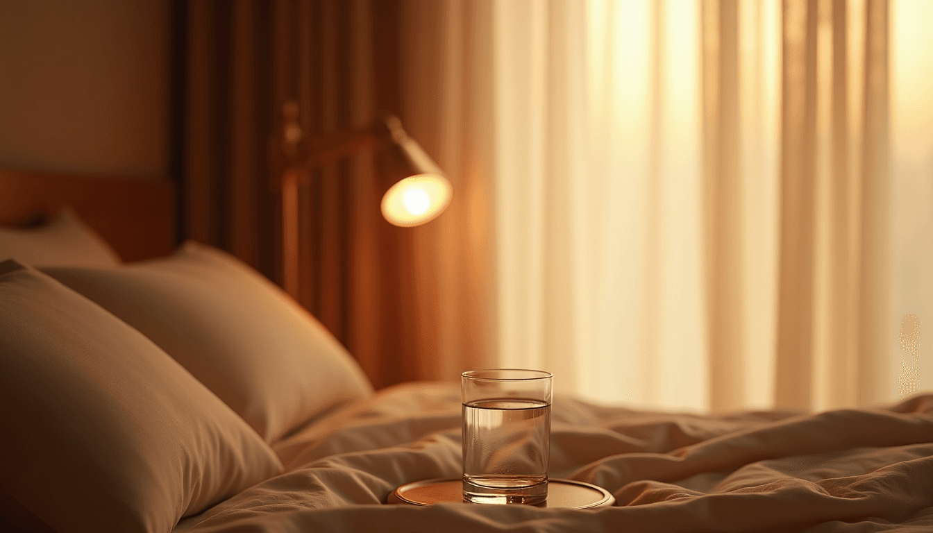 A calm dawn-lit bedroom with a single glass of water on a side table, premature ejaculation treatment context