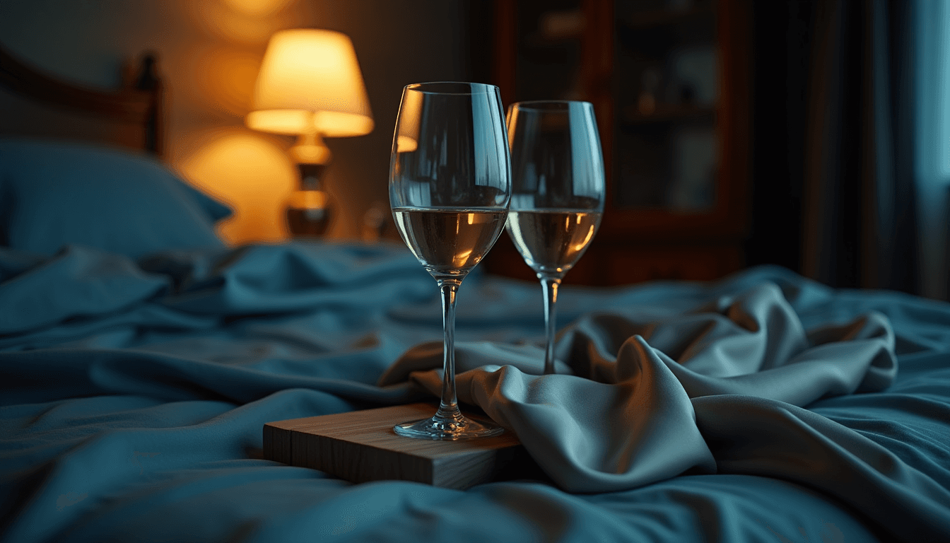 Two wine glasses and a folded silk scarf on a bedside table, soft warm lamp light, dark bedroom background, cinematic composition, no faces