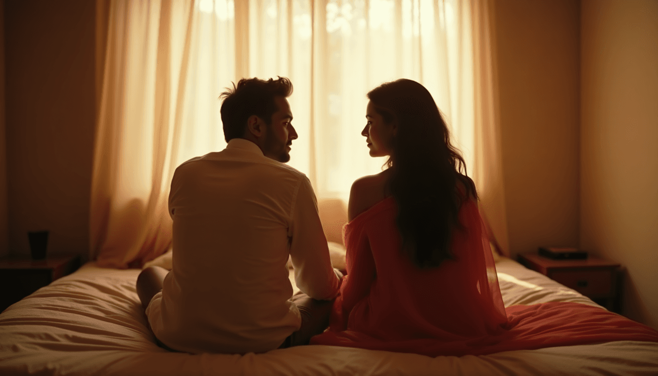 A couple sitting on opposite sides of a bed in low evening light, faces not visible, symbolising distance in a sexless marriage in India