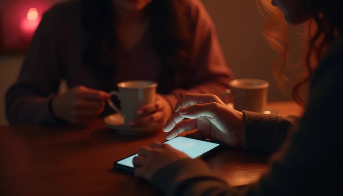 A phone glowing on a wooden table beside a chai cup, a couple learning sexting in Hindi