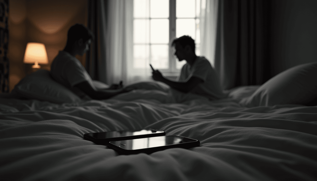 Two phones on a bed, one face-down and one glowing with a message notification, warm evening lamp light, rumpled cotton sheets, editorial mood, no faces visible