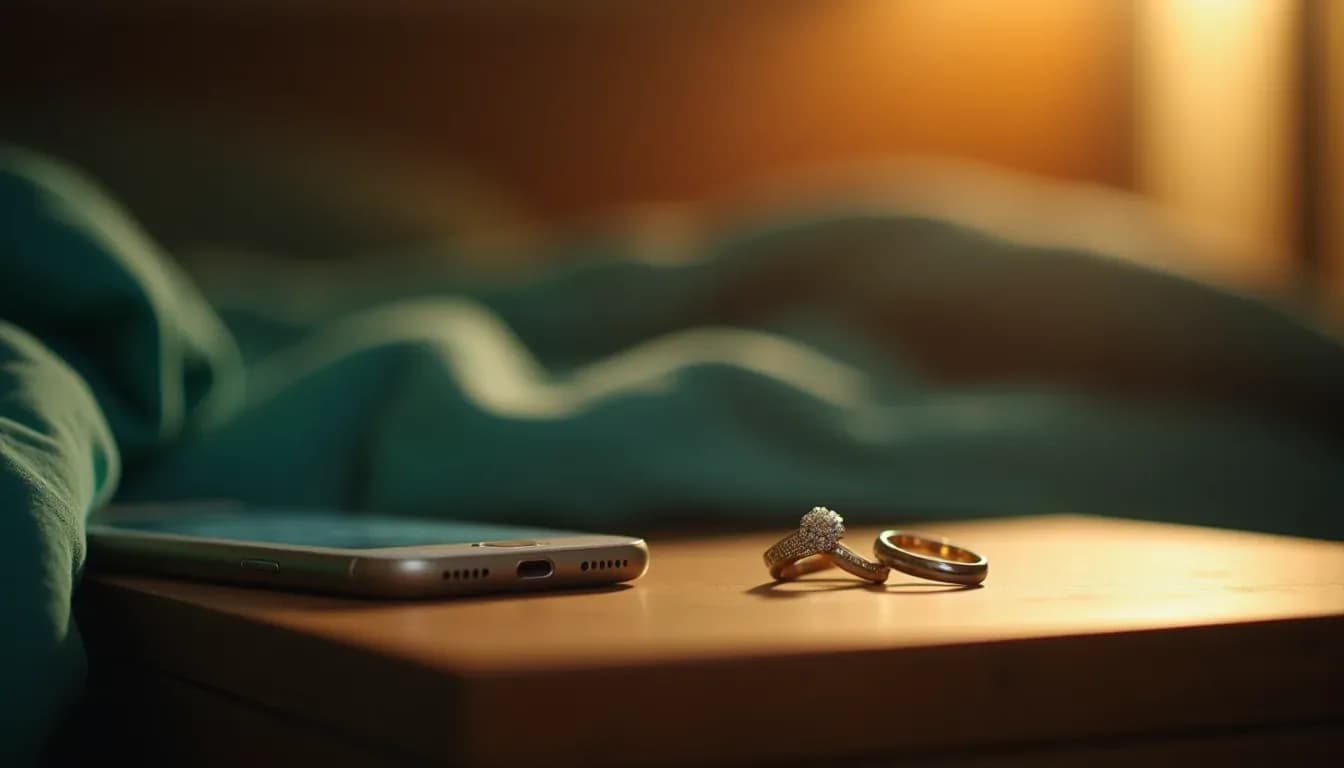 A phone face-down beside two rings on a bedside table, avoiding common sexting mistakes