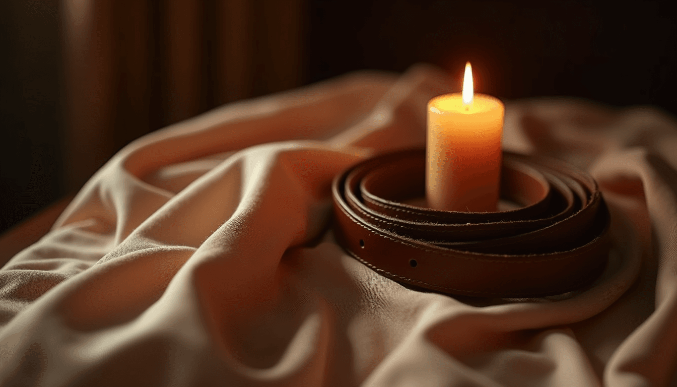A folded leather belt and a single candle on dark wood, what is dominant bdsm, dark editorial mood, no figures