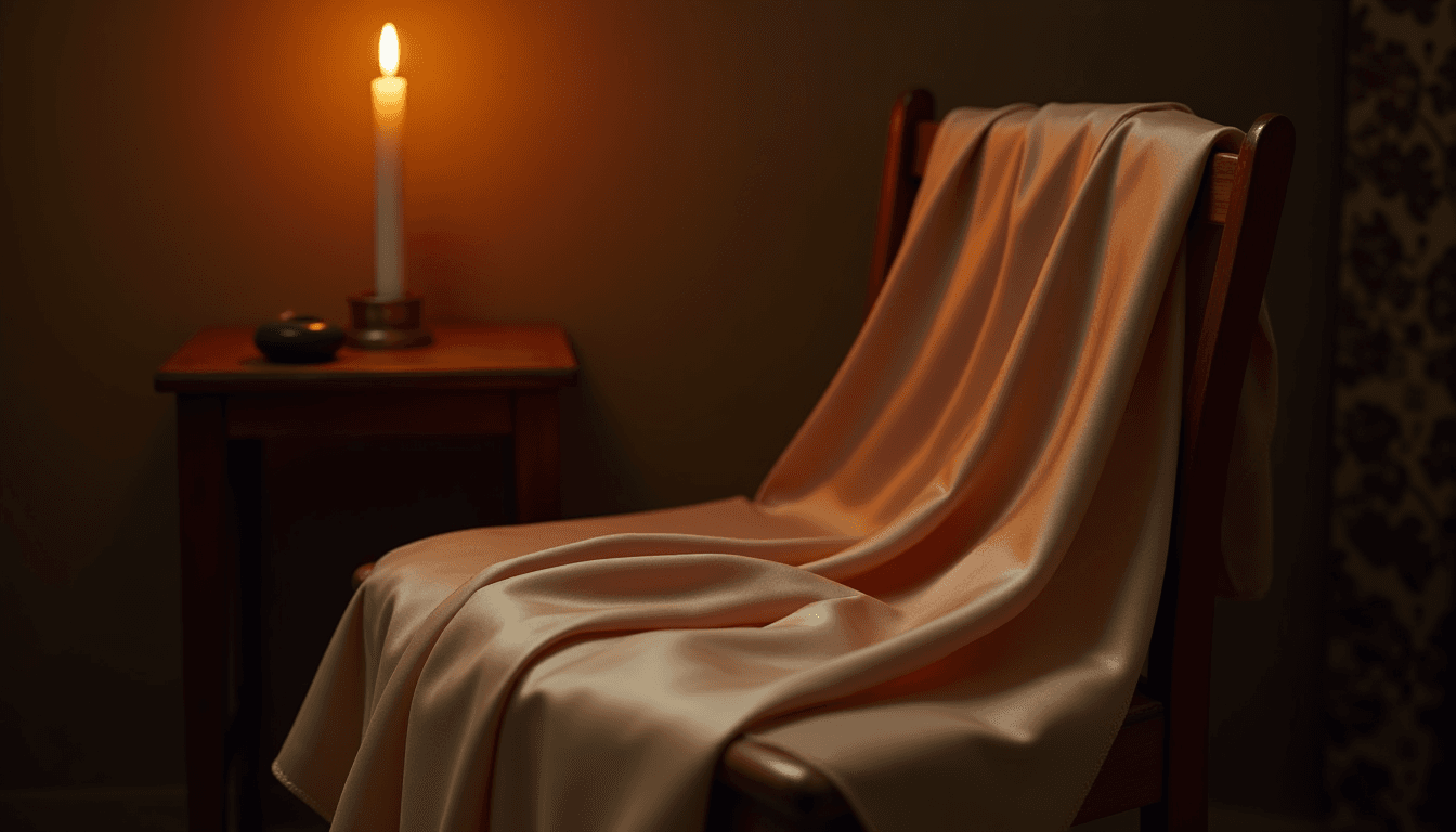 A silk scarf draped across a wooden chair beside a single candle, what is submissive — dark editorial mood, no figures