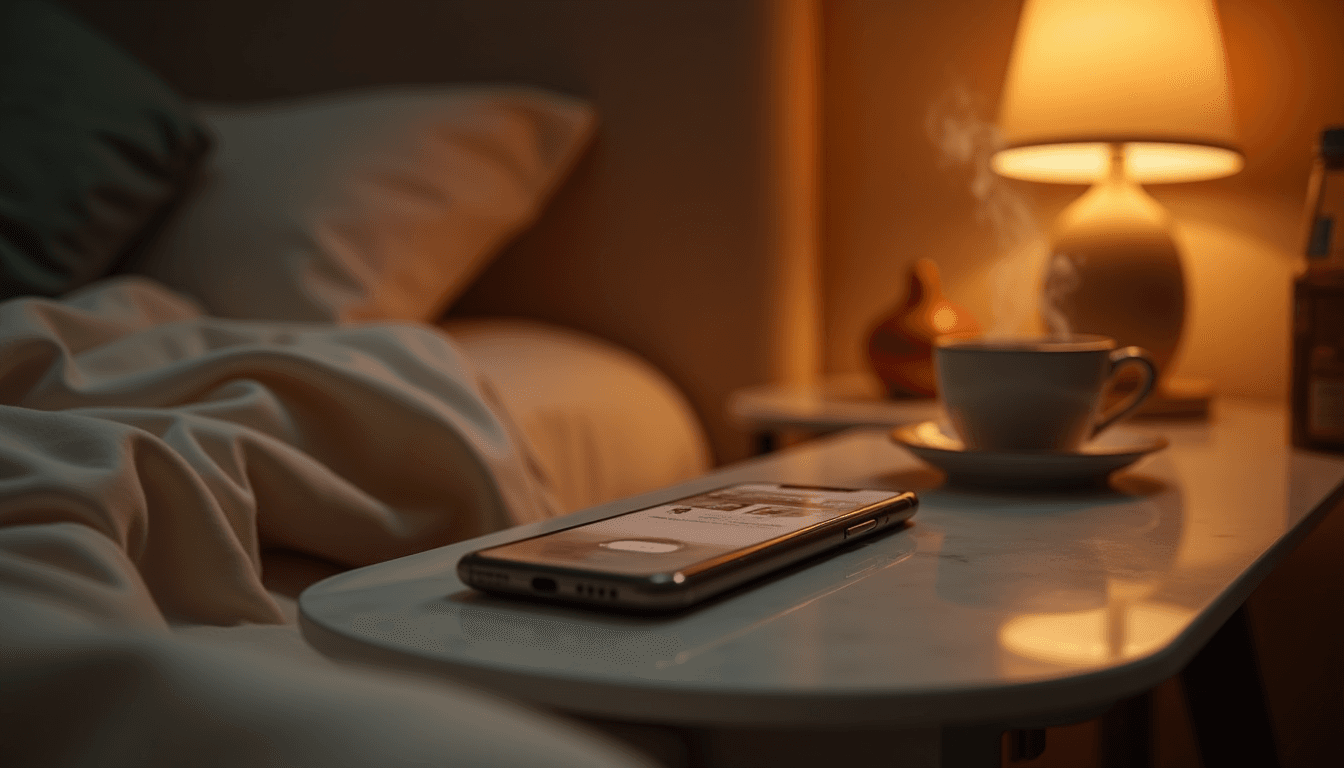 What is an ai companion app — a phone resting on a marble surface beside a steaming chai cup, warm side-lamp, dark editorial mood